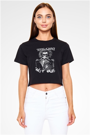 Total Chaos Baskılı Siyah Crop Top Kadın Tişört - Tshirt