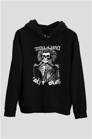 Total Chaos Baskılı Unisex Siyah Kapüşonlu Sweatshirt