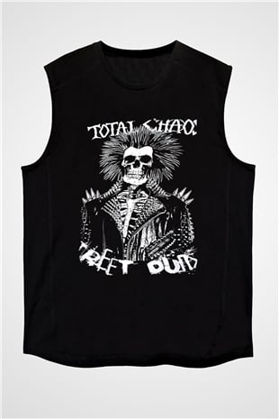 Total Chaos Baskılı Unisex Siyah Kolsuz Tişört - Tshirt