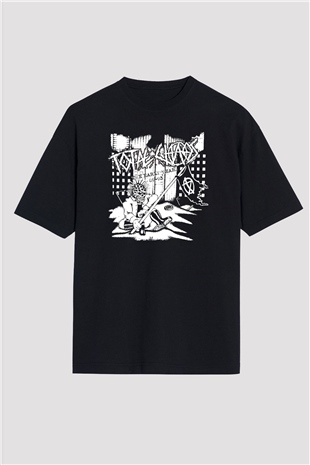 Total Chaos Baskılı Unisex Siyah Oversize Tişört - Tshirt