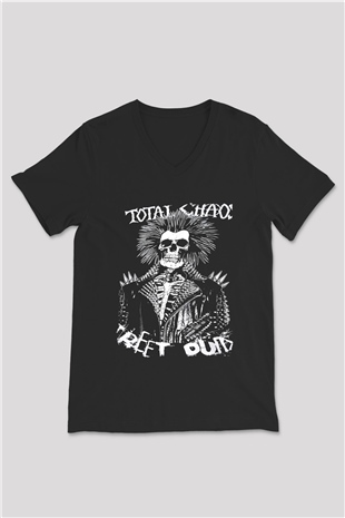 Total Chaos Baskılı Unisex Siyah V Yaka Tişört - Tshirt