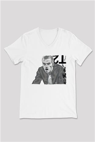 Trainspotting Baskılı Beyaz Unisex V Yaka Tişört - Tshirt