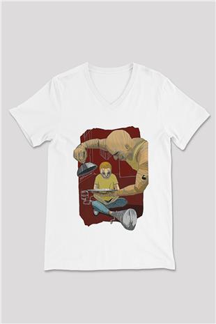 Trainspotting Baskılı Beyaz Unisex V Yaka Tişört - Tshirt