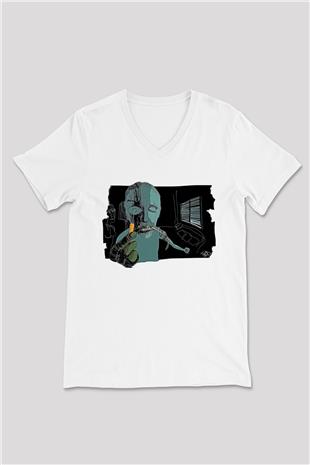 Trainspotting Baskılı Beyaz Unisex V Yaka Tişört - Tshirt