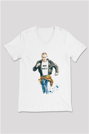 Trainspotting Baskılı Beyaz Unisex V Yaka Tişört - Tshirt