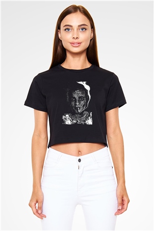 Trainspotting Baskılı Siyah Crop Top Kadın Tişört - Tshirt