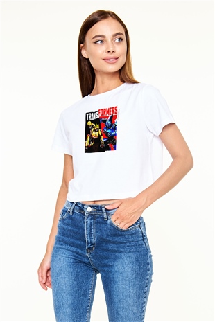 Transformers Beyaz   Crop Top Tişört