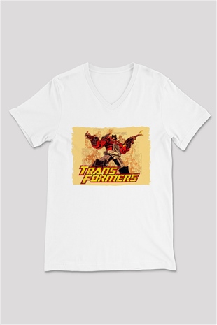 Transformers Beyaz Unisex  V Yaka Tişört