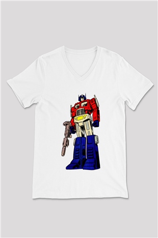 Transformers Beyaz Unisex  V Yaka Tişört