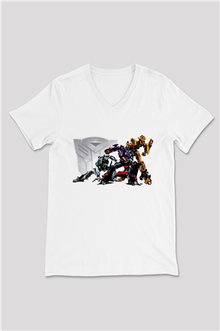 Transformers Beyaz Unisex  V Yaka Tişört