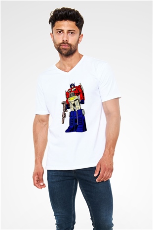 Transformers Beyaz Unisex  V Yaka Tişört