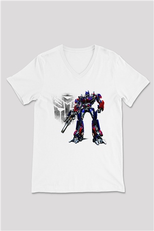 Transformers Tv Beyaz Unisex V Yaka Tişört T-Shirt