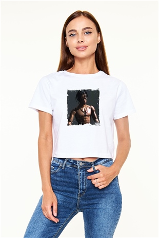 Travis Scott Baskılı Beyaz Kadın Crop Top Tişört