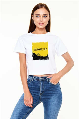 Travis Scott Baskılı Beyaz Kadın Crop Top Tişört