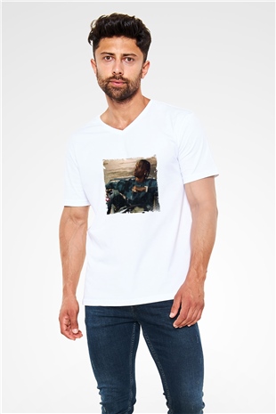 Travis Scott Baskılı Beyaz V Yaka Unisex Tişört