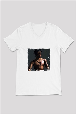 Travis Scott Baskılı Beyaz V Yaka Unisex Tişört