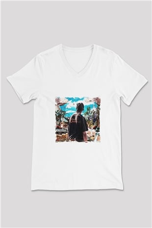 Travis Scott Baskılı Beyaz V Yaka Unisex Tişört