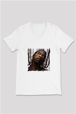 Travis Scott Baskılı Beyaz V Yaka Unisex Tişört