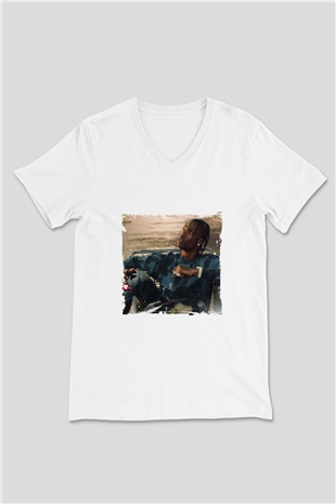 Travis Scott Baskılı Beyaz V Yaka Unisex Tişört