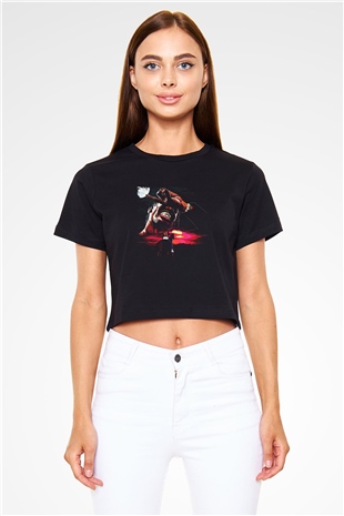 Travis Scott Baskılı Crop Top Siyah Kadın Tişört