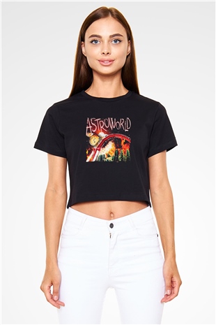 Travis Scott Baskılı Crop Top Siyah Kadın Tişört