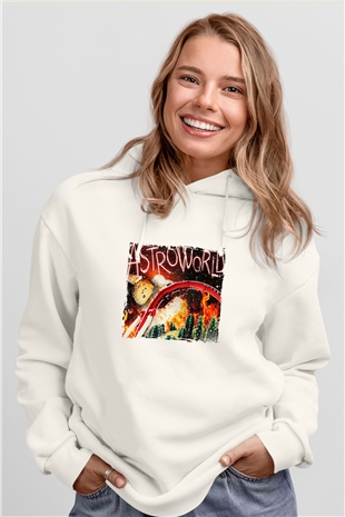 Travis Scott Baskılı Unisex Beyaz Kapüşonlu Sweatshirt