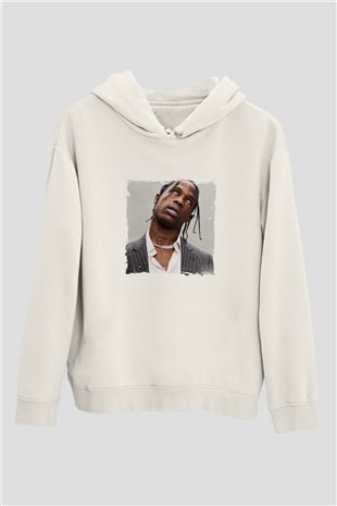 Travis Scott Baskılı Unisex Beyaz Kapüşonlu Sweatshirt