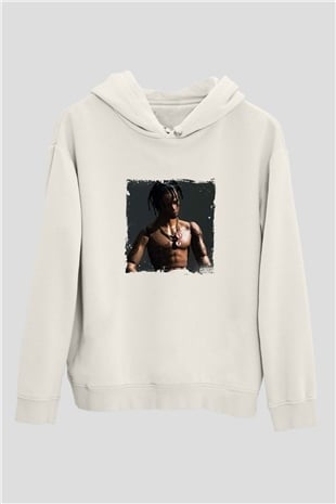 Travis Scott Baskılı Unisex Beyaz Kapüşonlu Sweatshirt