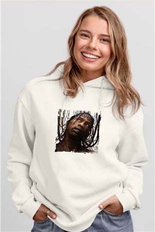 Travis Scott Baskılı Unisex Beyaz Kapüşonlu Sweatshirt