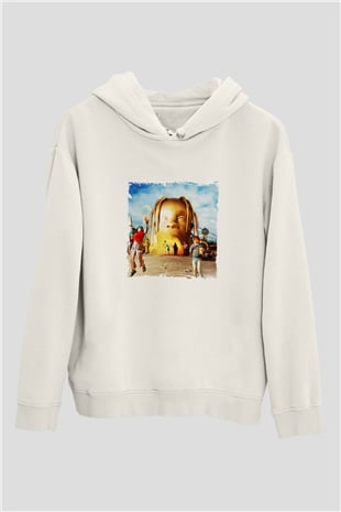 Travis Scott Baskılı Unisex Beyaz Kapüşonlu Sweatshirt
