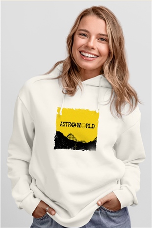 Travis Scott Baskılı Unisex Beyaz Kapüşonlu Sweatshirt