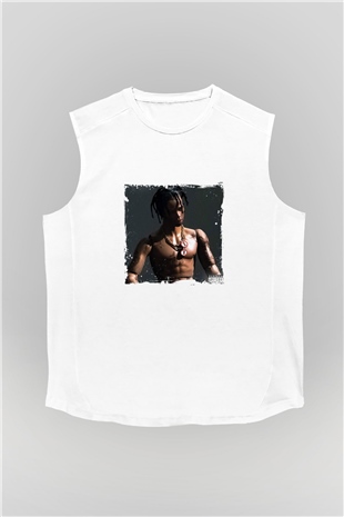 Travis Scott Baskılı Unisex Beyaz Kolsuz Tişört
