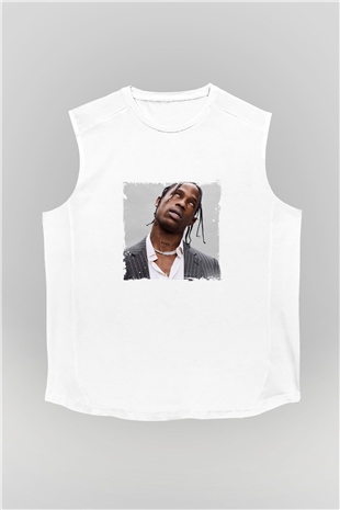 Travis Scott Baskılı Unisex Beyaz Kolsuz Tişört