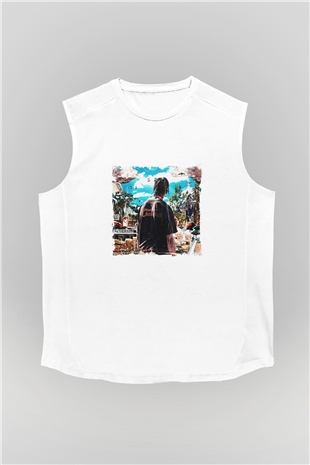 Travis Scott Baskılı Unisex Beyaz Kolsuz Tişört