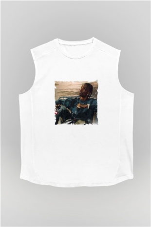 Travis Scott Baskılı Unisex Beyaz Kolsuz Tişört