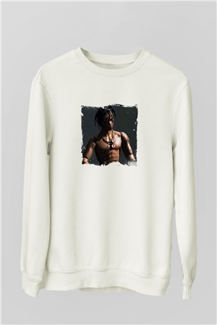Travis Scott Baskılı Unisex Beyaz Sweatshirt