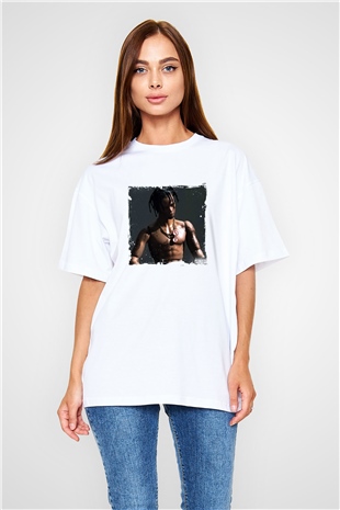 Travis Scott Baskılı Oversize Beyaz Tişört