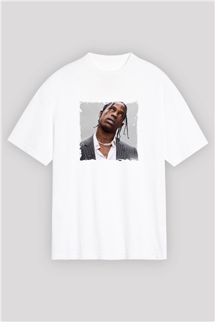 Travis Scott Baskılı Oversize Beyaz Tişört