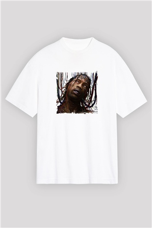 Travis Scott Baskılı Oversize Beyaz Tişört