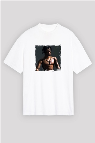 Travis Scott Baskılı Oversize Beyaz Tişört