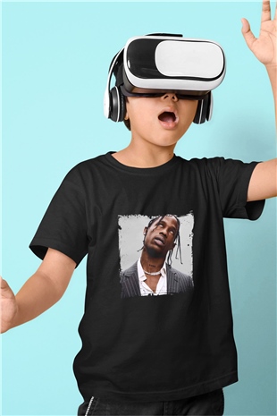 Travis Scott Baskılı Unisex Siyah Çocuk Tişört