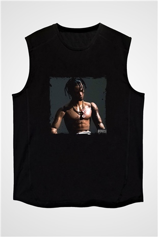 Travis Scott Baskılı Unisex Siyah Kolsuz Tişört