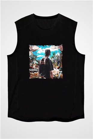 Travis Scott Baskılı Unisex Siyah Kolsuz Tişört