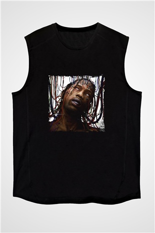 Travis Scott Baskılı Unisex Siyah Kolsuz Tişört