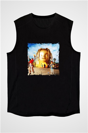 Travis Scott Baskılı Unisex Siyah Kolsuz Tişört