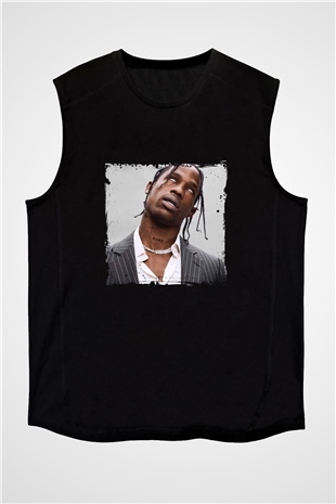 Travis Scott Baskılı Unisex Siyah Kolsuz Tişört