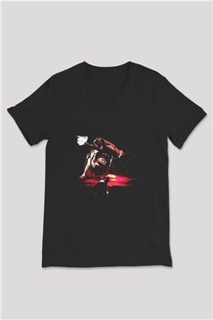 Travis Scott Baskılı Unisex Siyah V Yaka Tişört