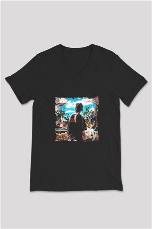 Travis Scott Baskılı Unisex Siyah V Yaka Tişört