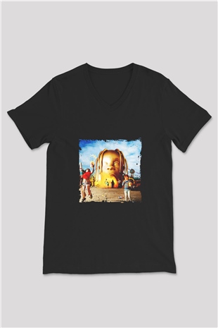 Travis Scott Baskılı Unisex Siyah V Yaka Tişört