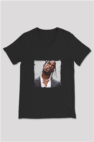 Travis Scott Baskılı Unisex Siyah V Yaka Tişört